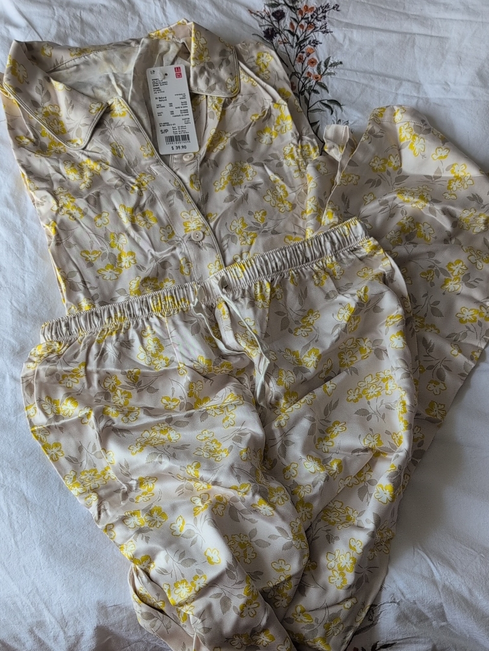 Uniqlo Cream Floral Silky Pajama Set with Yellow Accents